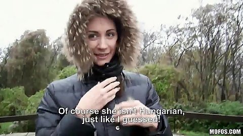 Winter pick up with cute euro teen Aruna Aghora flashing tits in public