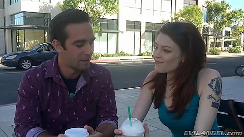 Outdoor college good looking girl Bree Daniels having a drink
