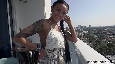 Latina babe Natalia Mendez looking pretty on the balcony