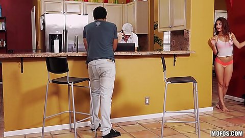 Petite latina Michelle Taylor wearing only panties approaches man