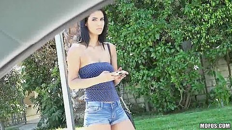 Skinny college Karmen Bella gets into a car with a stranger