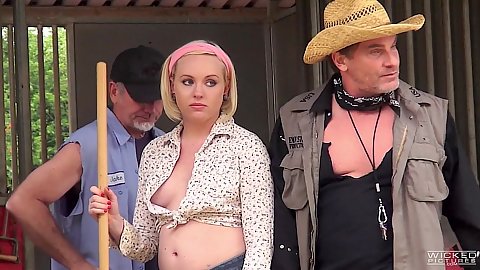 Farm girl Miley May kneels for a group gang bang suck