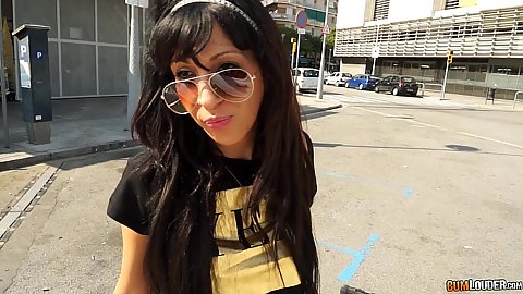 Brunette Sheila happily gets on our banging van