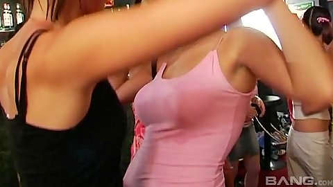 Dancing group college chicks in clothes going down to suck