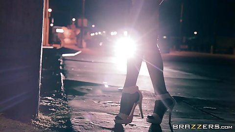 Jillian Janson walking on the public street in high heels