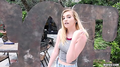 Blonde girl in public walking the streets Crystal Young about to get picked up