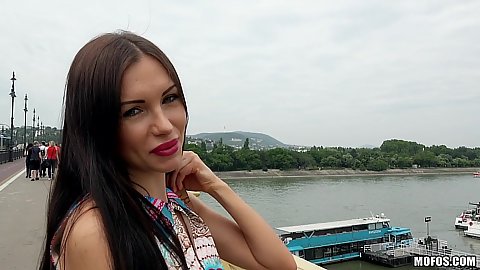 Smiling euro Russian brunette Sasha Rose approached on street