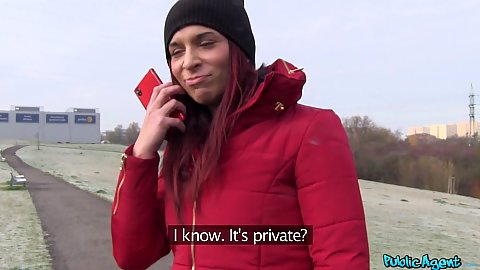 Lovely czech girl in red jacket Jessica Red outdoors