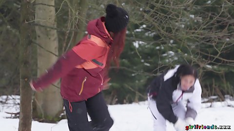 Outdoor playing in the snow then a hot shower Paula Shy and Terra Twain