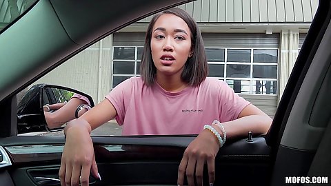 Asian cutie college girl Aria Skye needs a ride and wears no bra under shirt