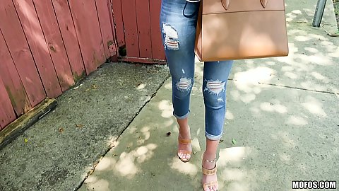 Girl in ripped jeans picked up in public to show ass and tits Naomi Woods