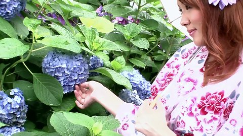 Asian kimono girl fully clothed checking out trees