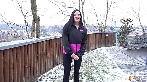 Uplifting brunette girly in legging Lucia Denvile outdoors invited in for some time