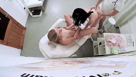 Threesome doggy fuck standing up in doctors room with nurse and patient feeling dicks Violette and Anie Darling