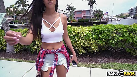 Sexy looking college girl Gianna Dior picked up in public walking the streets and jumps on bangbus