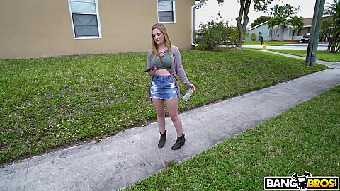 College amateur Kara Lee was strolling on the sidewalk wearing a denim miniskirt and we drove up to pick her up