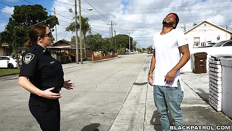 Redhead milf in uniform police offier Maggie Green and Joslyn approaches dude on the street to check his dick