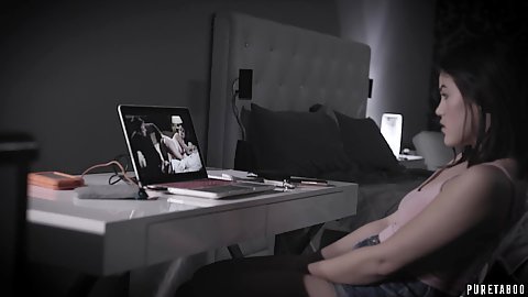 Asian stepsister teen Kendra Spade watching porn alone in her room and rubbing her clit while somebody is spying on her