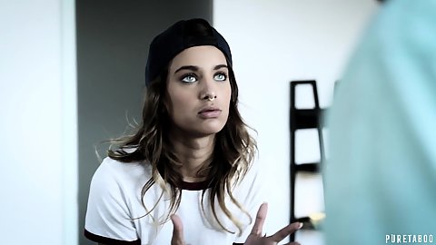 Baseball hat wearing 19 year old stepsiter petite girl Uma Jolie having a heated argument with her stepbrother