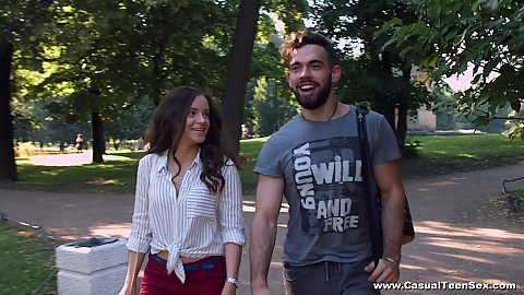 Walking in the park and enjoying a nice romantic day with Mickey Moor getting down to kissing and stripping with complete stranger