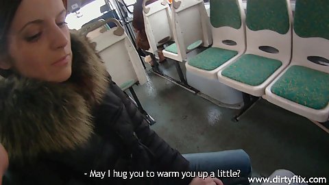 18 year old public bus transit pick up with Lizaveta Kay slowly getting warmed up after long cold day outdoors