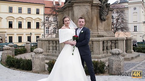 Newly weds with brunette teen bride in public approached by our agent