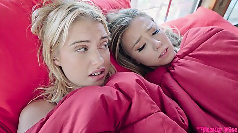 Haley Reed and Chloe Cherry petite nubile stepsister teens suck cock and balls off of stepbrother