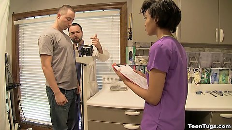 Sexy ebony teen nurse Jasmine Barnes requires male to submit a sperm sample she puts on medical gloves and beings milking his cock while massaging balls