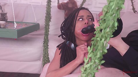 Sucking and slurping on a dildo then on a dick holding cup to collect the piss thats about to go back up her ass Kira Noir