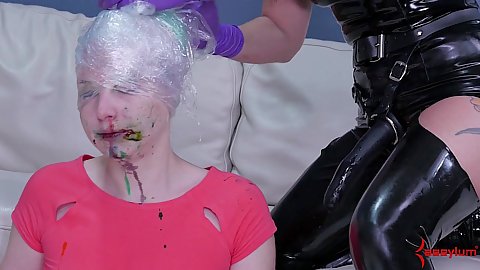 Plastic wrap head and messy paint slobber Holl and Delirious Hunter usingher nasty slave for various paint projects while tied up