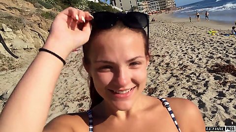 Cute smiling teen beach goer in public Monica Taylor has a little chat with us then we see her change and strip in the bathroom