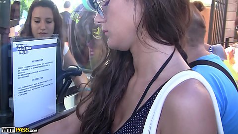 Public pool bikini girl Agnessa buys our tickets and then she flashes her young firm boobies behind the corner