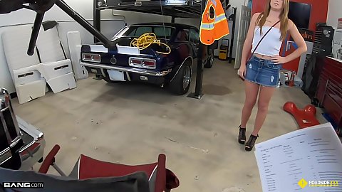 Brunette little teen Riley Shea has a problem with her car but fixing it is too much money she is too shy to have sex with mechanic
