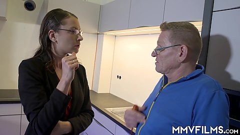 Glasses wearing milf housewife Valeria Jones talking to her construction worker she wants his grandpa dick in her mouth this instance