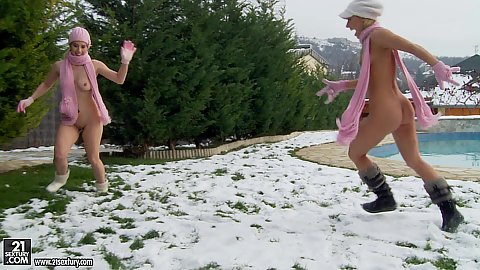 Butt naked girls chasting each other around in the snow then taking a warm jacuzzi bath with kissing Nikky Thorne and Nesty