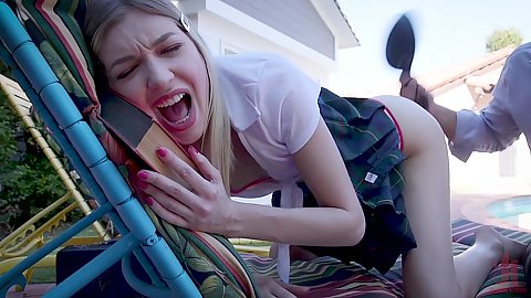 Paddle punishing beating for a good looking 18 year old petite humiliated outdoors teen Mackenzie Moss needin to be degraded slightly with balls sucking on deck chair