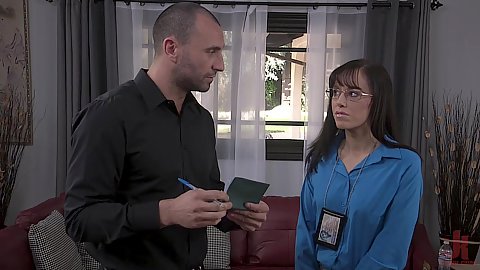 Brunette glasses wearing Alana Cruise in story based submission to the tax assessor with ball gag and deep throat