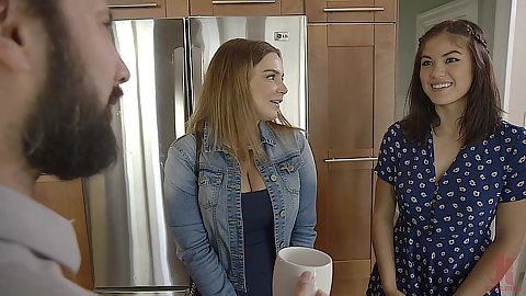 Natasha Nice and Kendra Spade in stepsister looking to fix her inhibitions with this story based chat in the kitchen