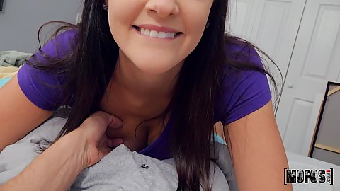 Touching gf boobies and getting oral suck in bed form her Michele James as good reward for boyfriend with titty fuck