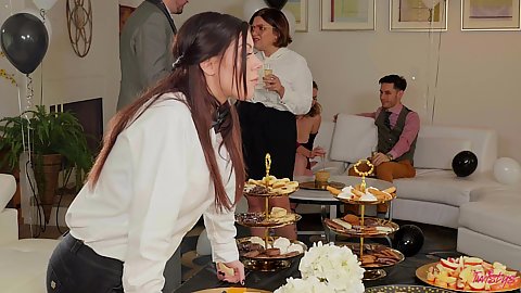 Sophie Sparks and Karma RX waitress at a home party makes out with milf of the house in a sneaky fashion