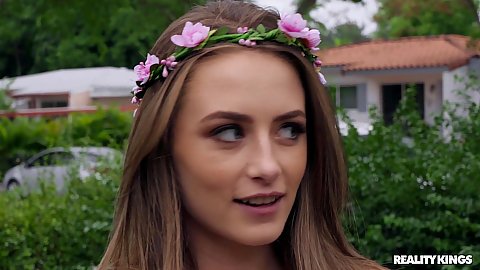 Dreamy looking outdoor nubile in denim shorts Kyler Quinn valentines day needs to fill her mouth dick dick