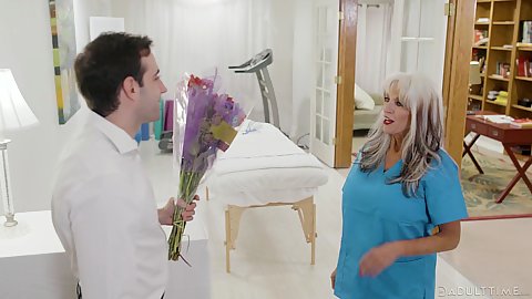 Big tits granny blonde Sally DAngelo in for a special massage with young man today including cunnilingus