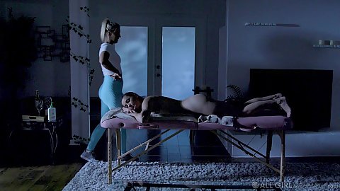Candice Dare and Georgia Jones massage table erotica massage and very gentle touching and kissing