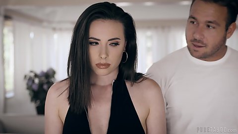 Brunette dark haired stepsister Casey Calvert is reluctant to do as her stepbrother wants and feels a big shy today
