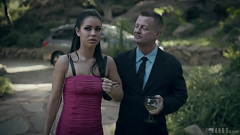 Skinny teen escort is being walked to a boys club mansion where man horny men in suits await her arrival Alina Lopez