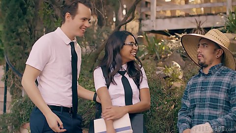 Brunette stepsister school girl uniform nerd talking to some guyh outdoors and talk with her mates later Vienna Black and Casey Calvert