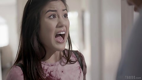 Little petite 18 year old stepdaughter had an accident Kendra Spade stepfather asks her to get naked so he can finger fuck her pussy