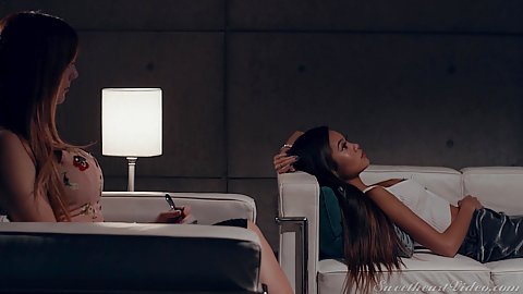 Having a therapist session with lesbian white and asian girls Dani Jensen and Vina Sky talking about sexual encounters and dreams
