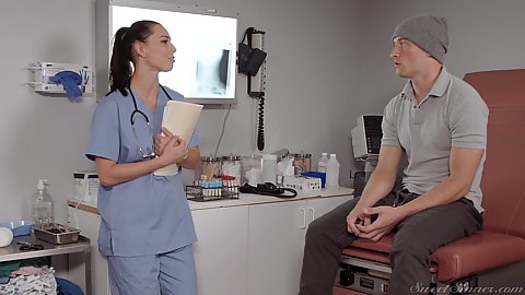 Doctor in uniform story based horny brunette Aidra Fox talks to her patient and makes out with guy in sofa
