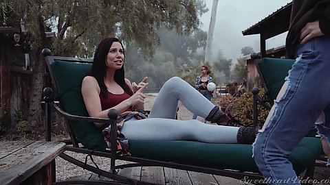 Outdoors in nature story based scene of girls loving and living like nomads Aidra Fox and Charlotte Stokely